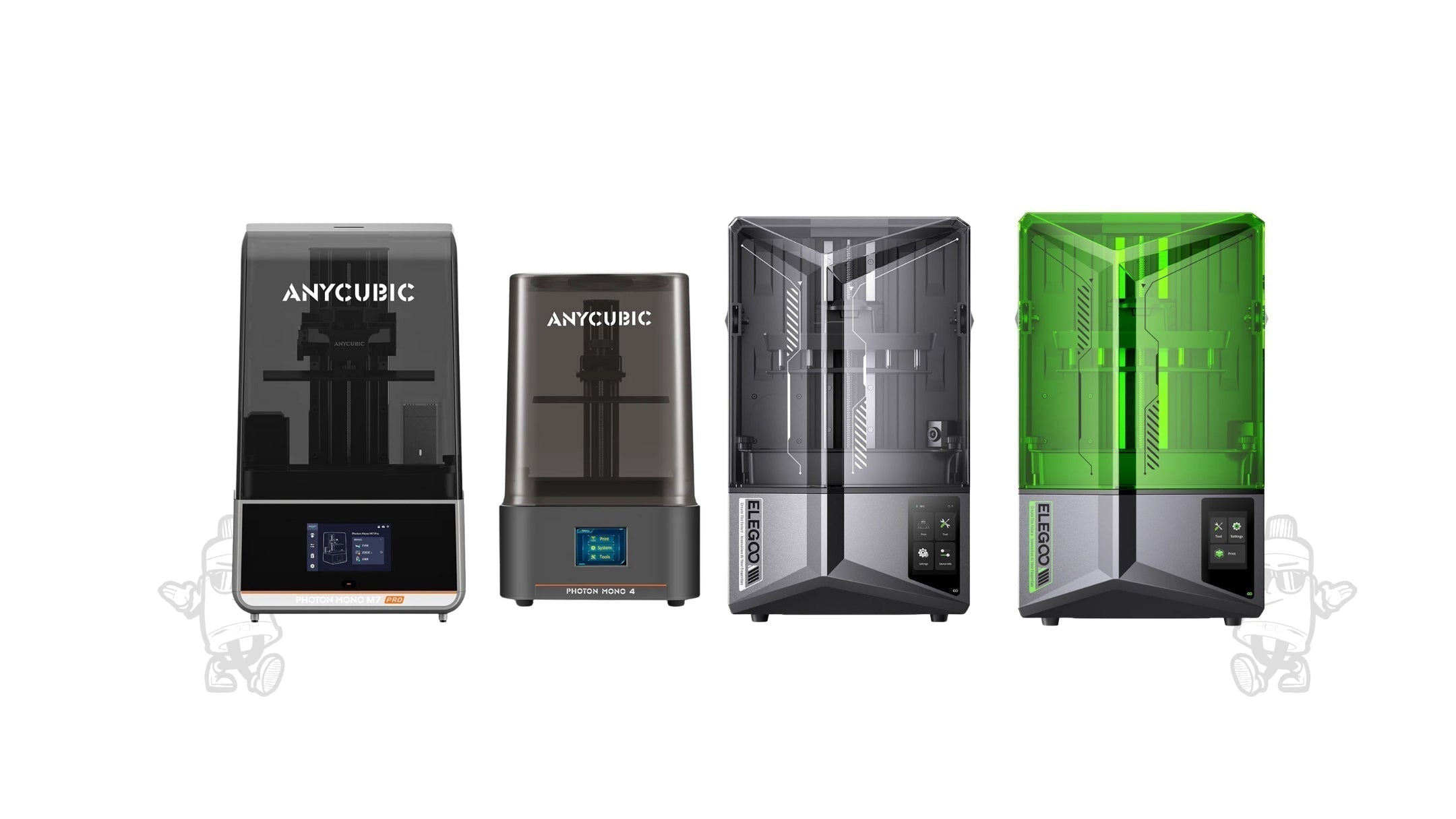 Cuatro impresoras resina 3D Anycubic y ELEGOO vista frontal - Mr Resin
