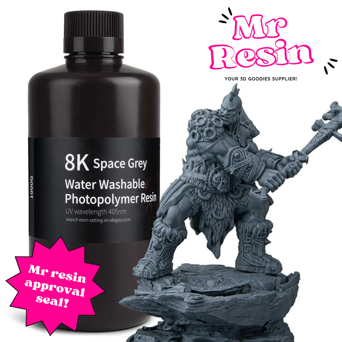 Botella de resina 3D ELEGOO Standard 8K gris con figura guerrero alta definicion - Mr Resin
