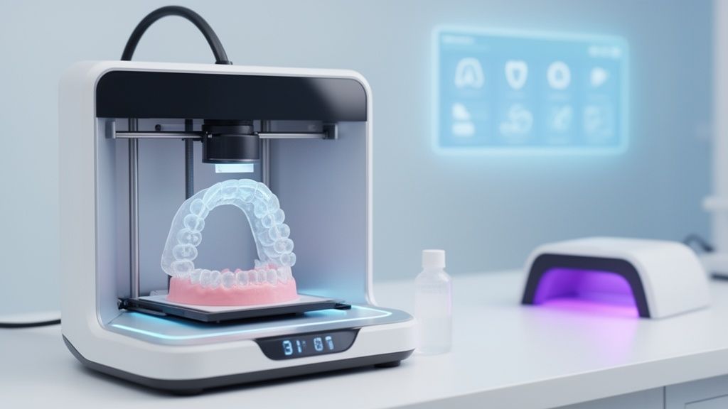 Impressora 3D dental em funcionamento em laboratório dental