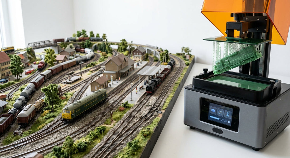 Maqueta ferroviaria escala N y H0 con locomotoras y vagones impresos en 3D junto a impresora de resina - Mr Resin