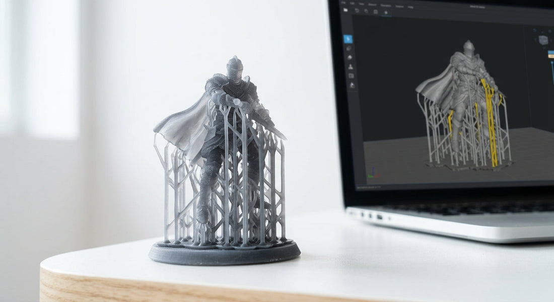 Miniatura impresa en resina con soportes junto a pantalla con ajustes para configurar Chitubox - Mr Resin