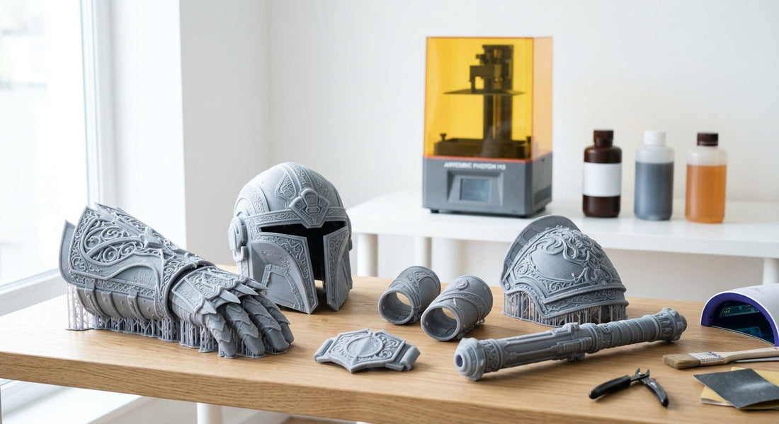Colección de piezas de armadura cosplay impresas en resina 3D con texturas detalladas y acabados precisos - Mr Resin