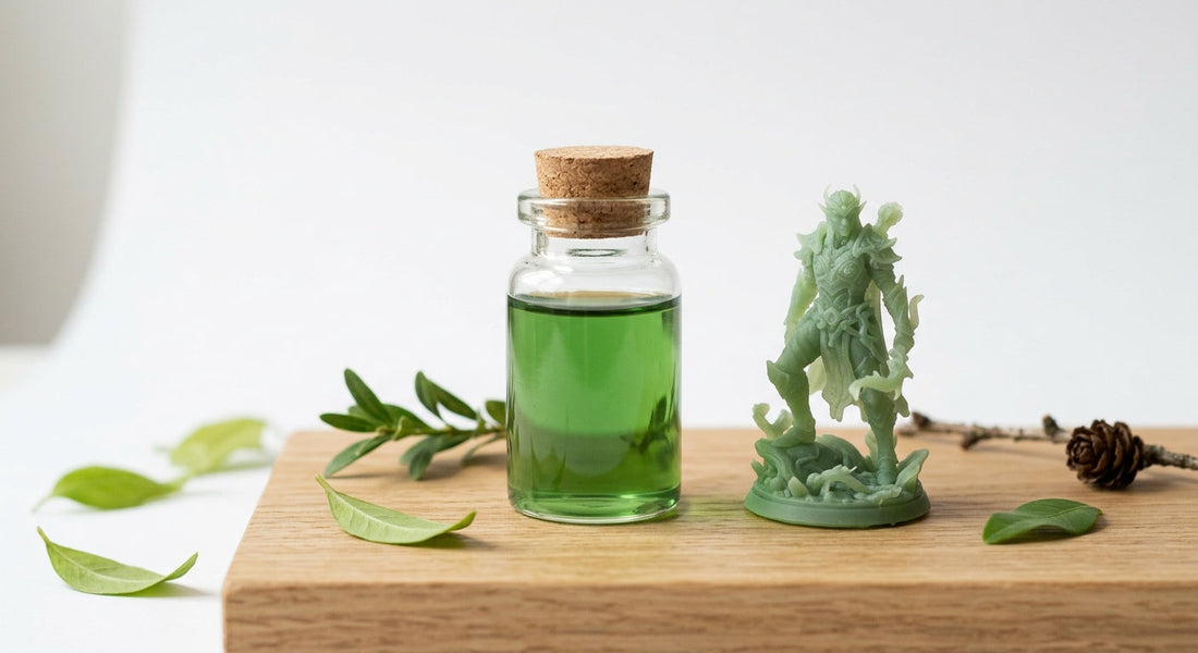 Botella de resina ecológica plant-based junto a miniatura impresa en 3D con elementos naturales - Mr Resin