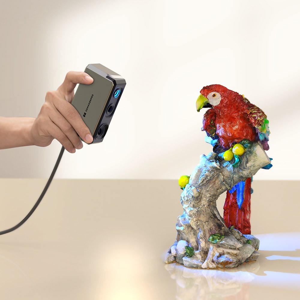 Escáner 3D 3DMakerPro Seal escaneando una figura de loro en color con luz azul