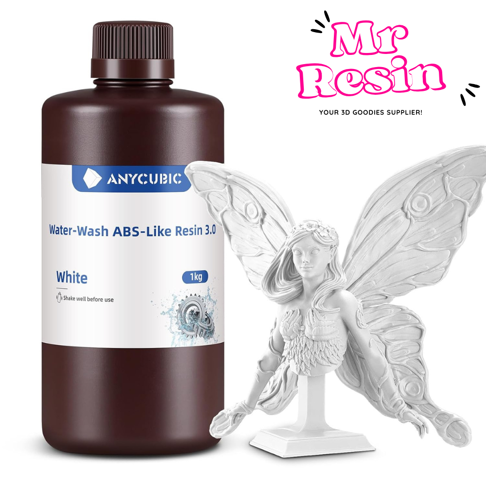 bote de resina ABS like 3.0 de Anycubic de color blanca, con una figura de ejemplo