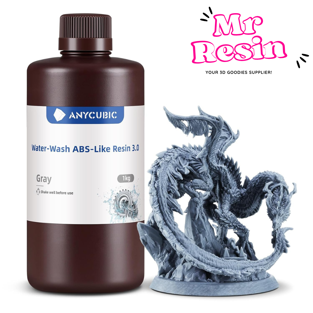 bote de resina ABS like 3.0 de Anycubic de color Gris, con una figura de ejemplo