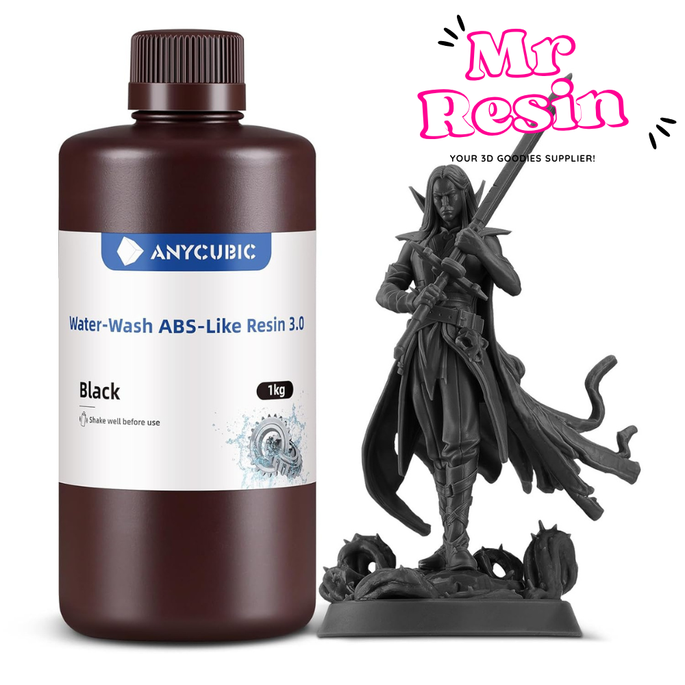 bote de resina ABS like 3.0 de Anycubic de color negra, con una figura de ejemplo