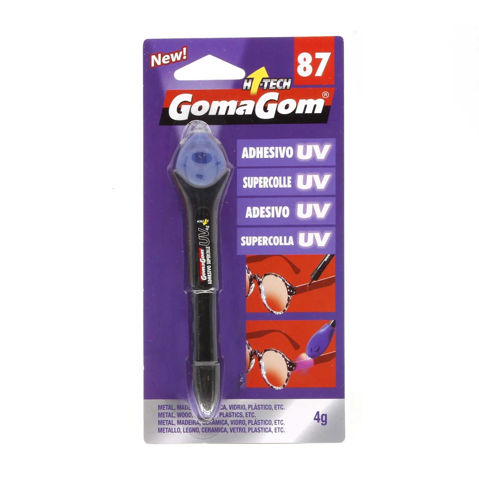 Adhesivo de resina UV Gomagom 87 (4g) Hi-Tech con linterna UV integrada. Compatible químicamente con resinas Anycubic y Elegoo para reparar piezas impresas en 3D.