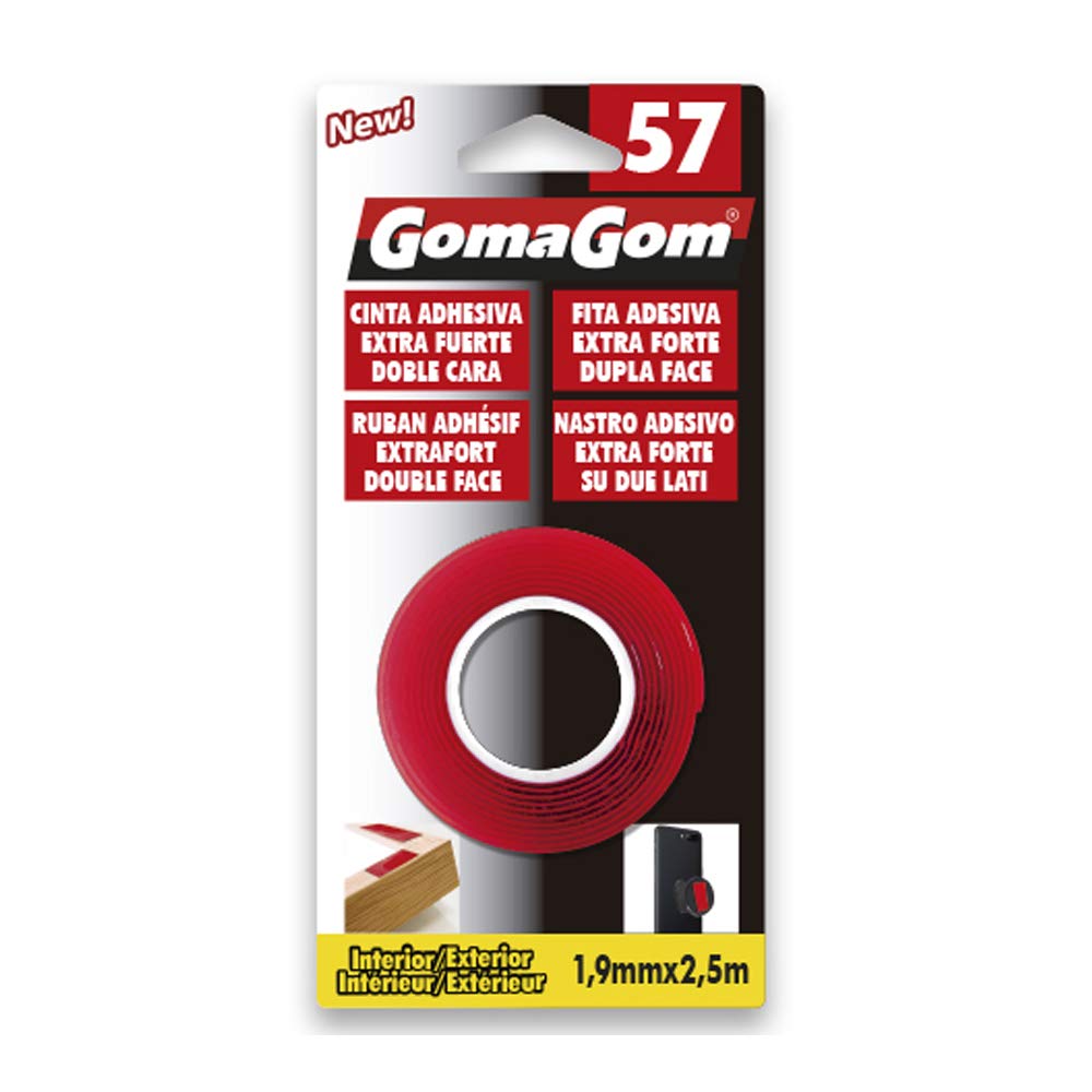 frontal del GomaGom 57 la cinta adhesiva extra fuerte de doble cara, con el embalaje y imagenes de ejemplos de uso, ideales para modelismo, miniaturas e impresion 3d