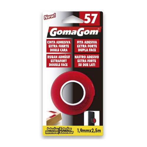 frontal del GomaGom 57 la cinta adhesiva extra fuerte de doble cara, con el embalaje y imagenes de ejemplos de uso, ideales para modelismo, miniaturas e impresion 3d