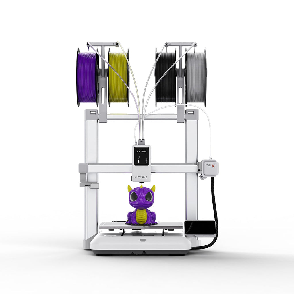 Anycubic Kobra X con cuatro bobinas de colores en el soporte superior