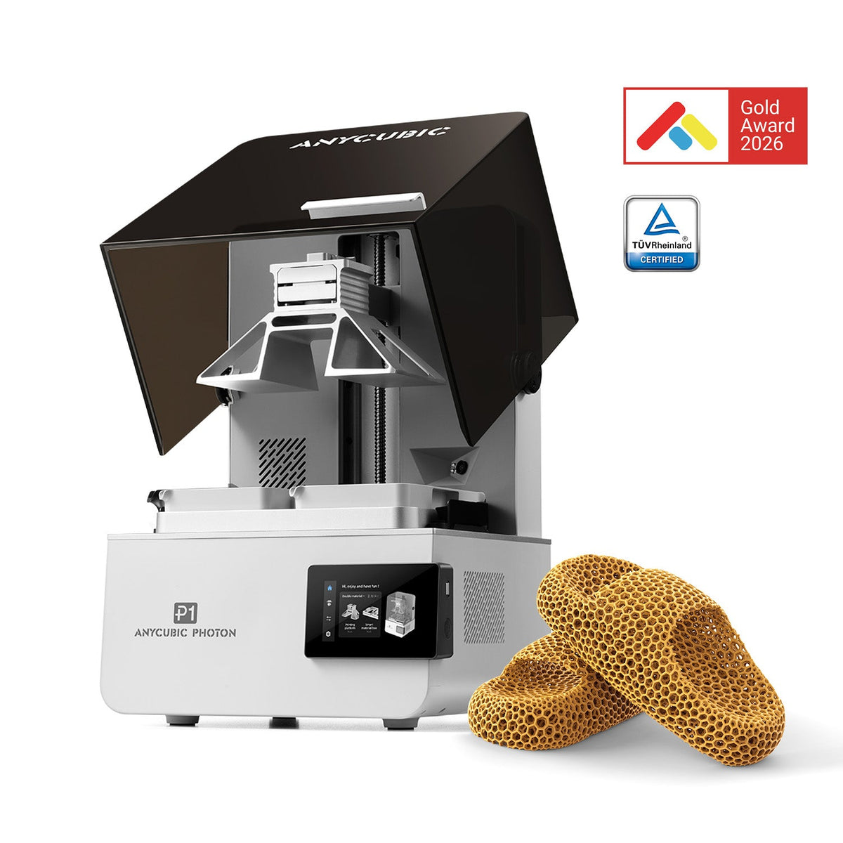 Anycubic Photon P1, impresora 3D de resina con tapa abierta y piezas impresas