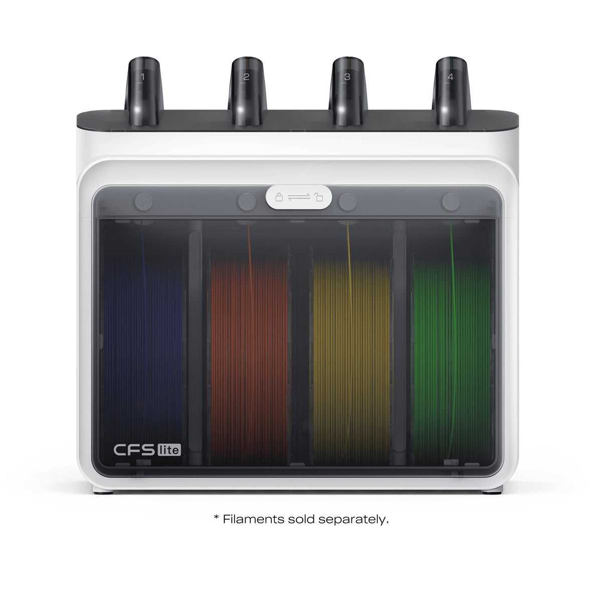 Creality CFS Lite de frente con cuatro bobinas de colores dentro