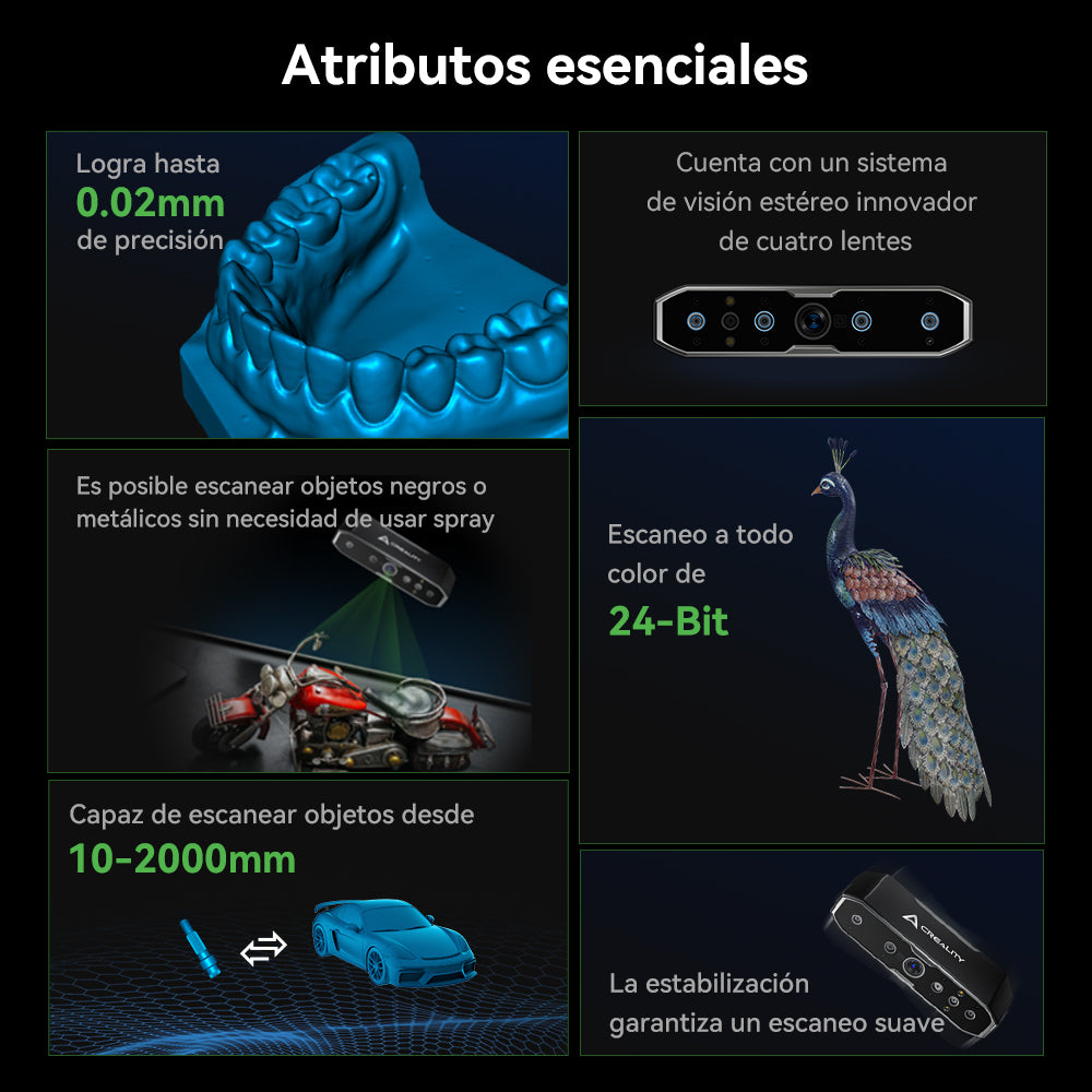 Características del escáner 3D Creality CR-Scan Otter: 0,02 mm, cuatro lentes y color de 24 bits