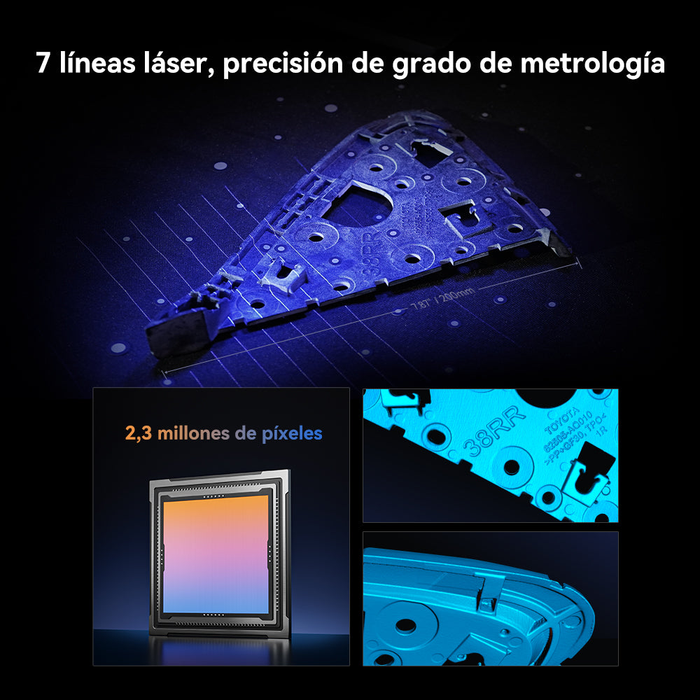 Escáner 3D Creality CR-Scan Raptor con 7 líneas láser y cámara de 2,3 megapíxeles escaneando una pieza mecánica