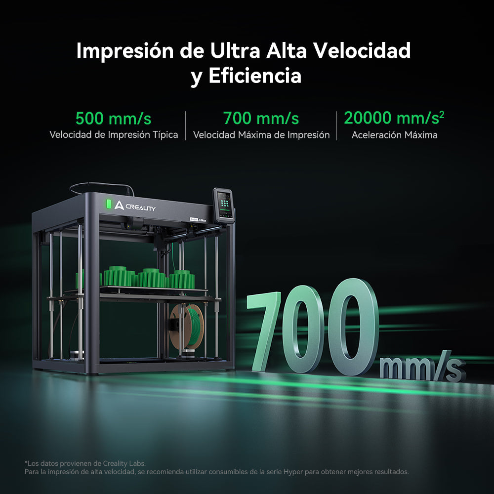 Velocidad de la Ender-5 Max: 500 mm/s típica, 700 mm/s máxima y 20.000 mm/s²