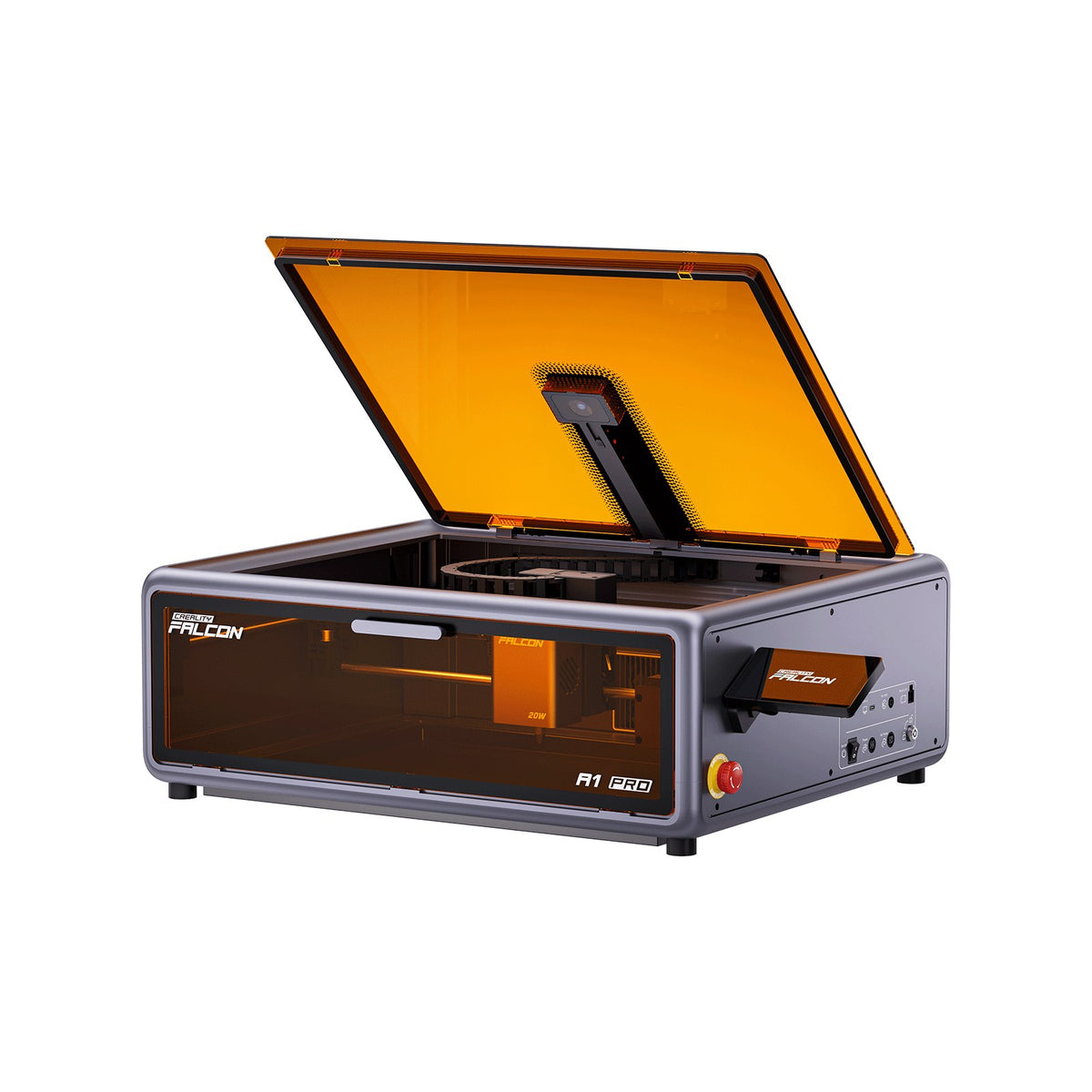 Grabadora láser Creality Falcon A1 Pro 20W con la tapa abierta