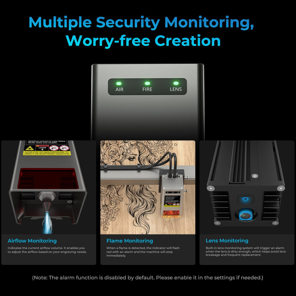 Vigilancia de flujo de aire, llama y lente en la grabadora láser Creality Falcon2 Pro S