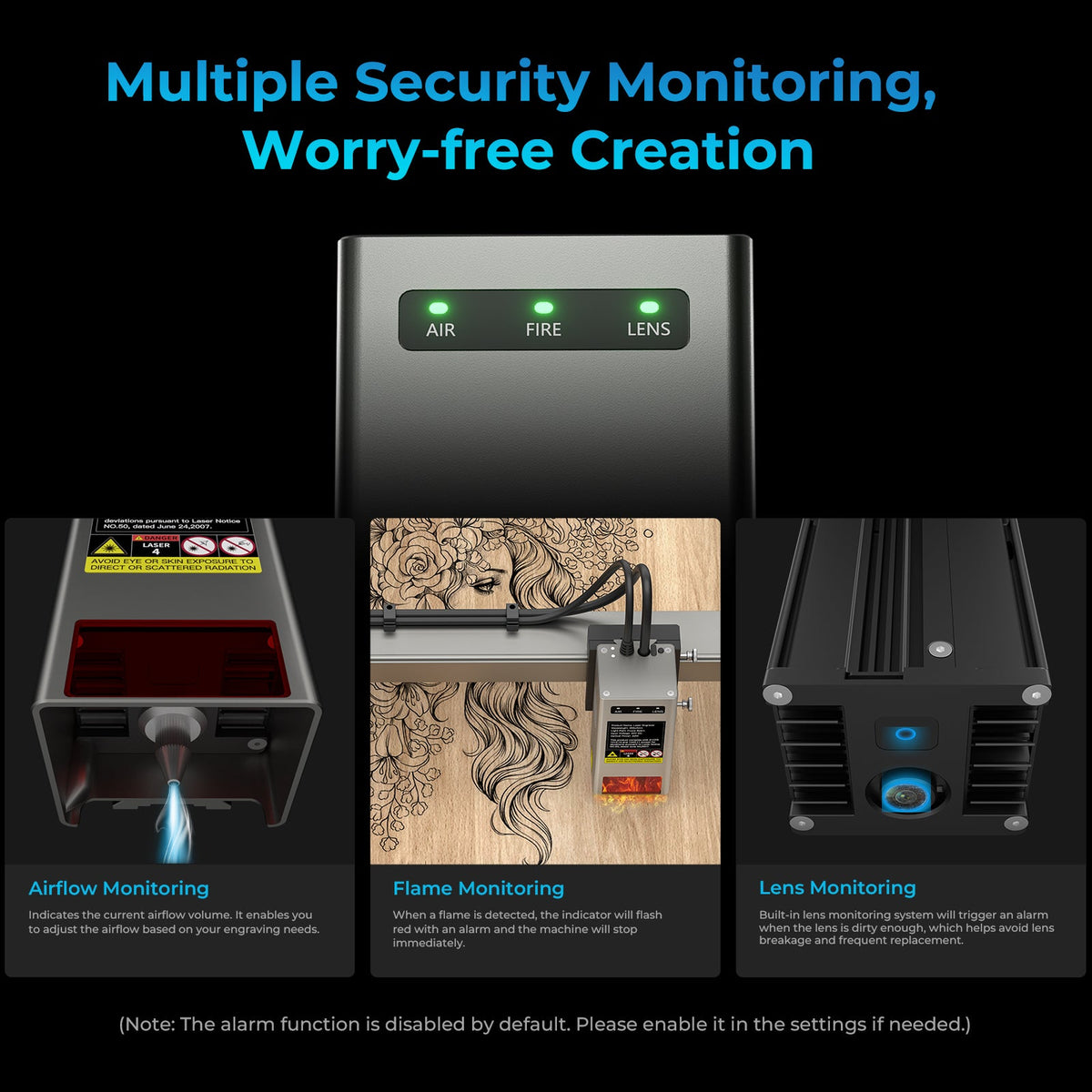 Vigilancia de flujo de aire, llama y lente en la grabadora láser Creality Falcon2 Pro S