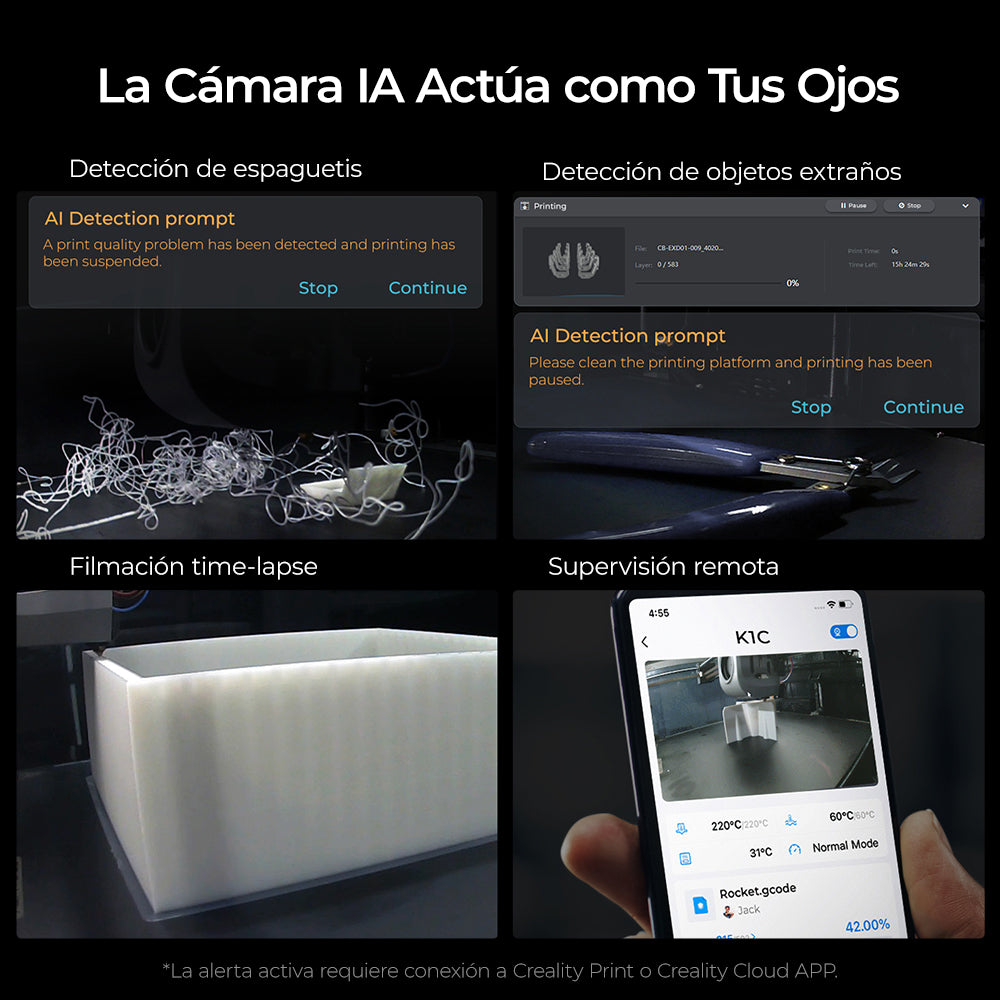 Cámara IA de la K1C: detección de espaguetis y objetos, time-lapse y vigilancia remota