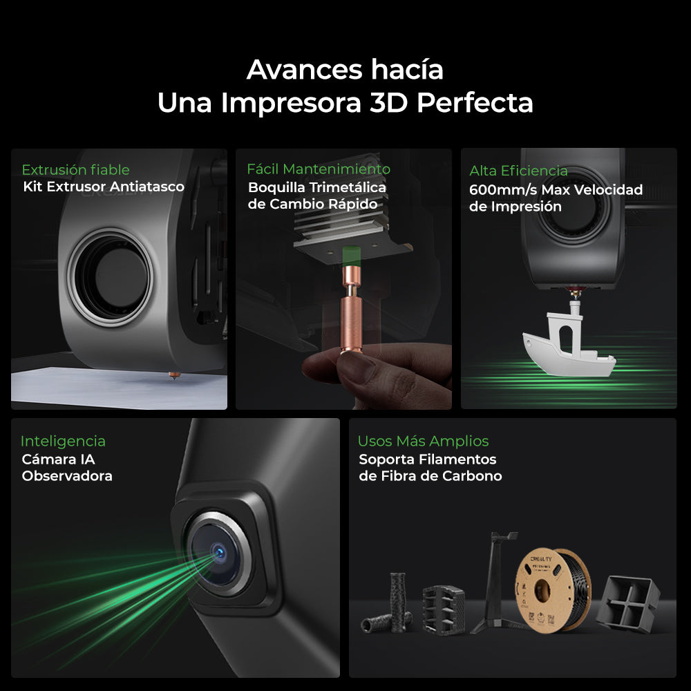 Novedades de la K1C: extrusor antiatascos, boquilla trimetálica, 600 mm/s, cámara IA y fibra de carbono