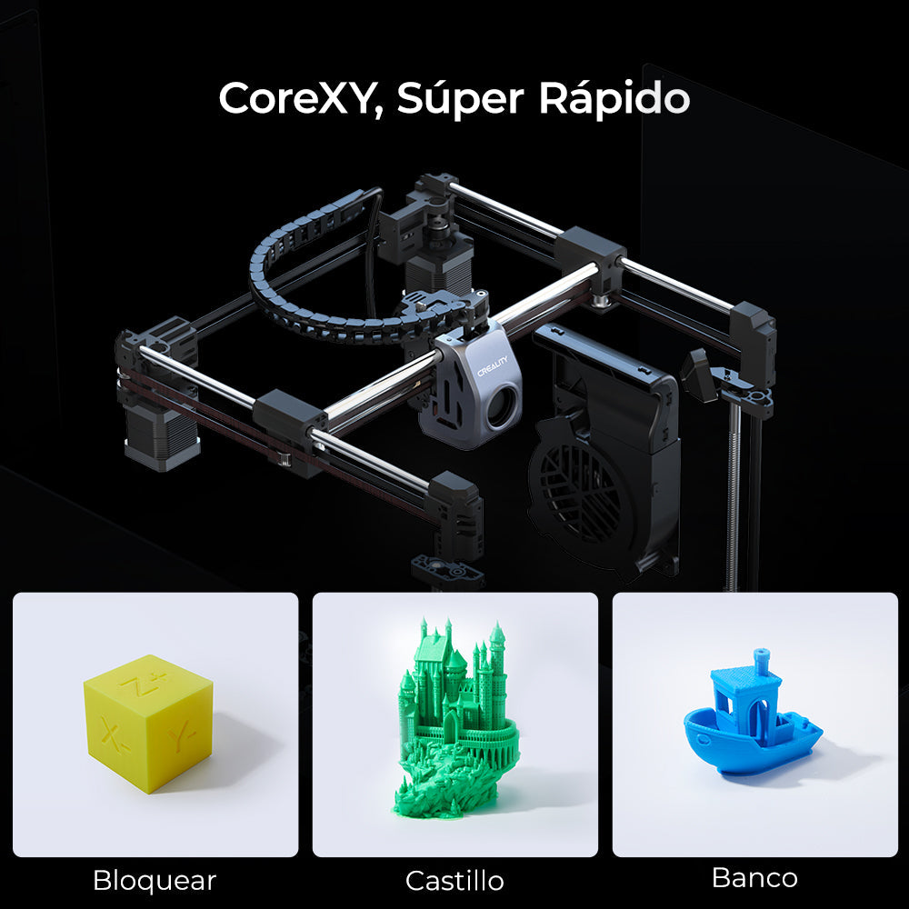 Sistema CoreXY de la Creality K1C con ejemplos de piezas impresas