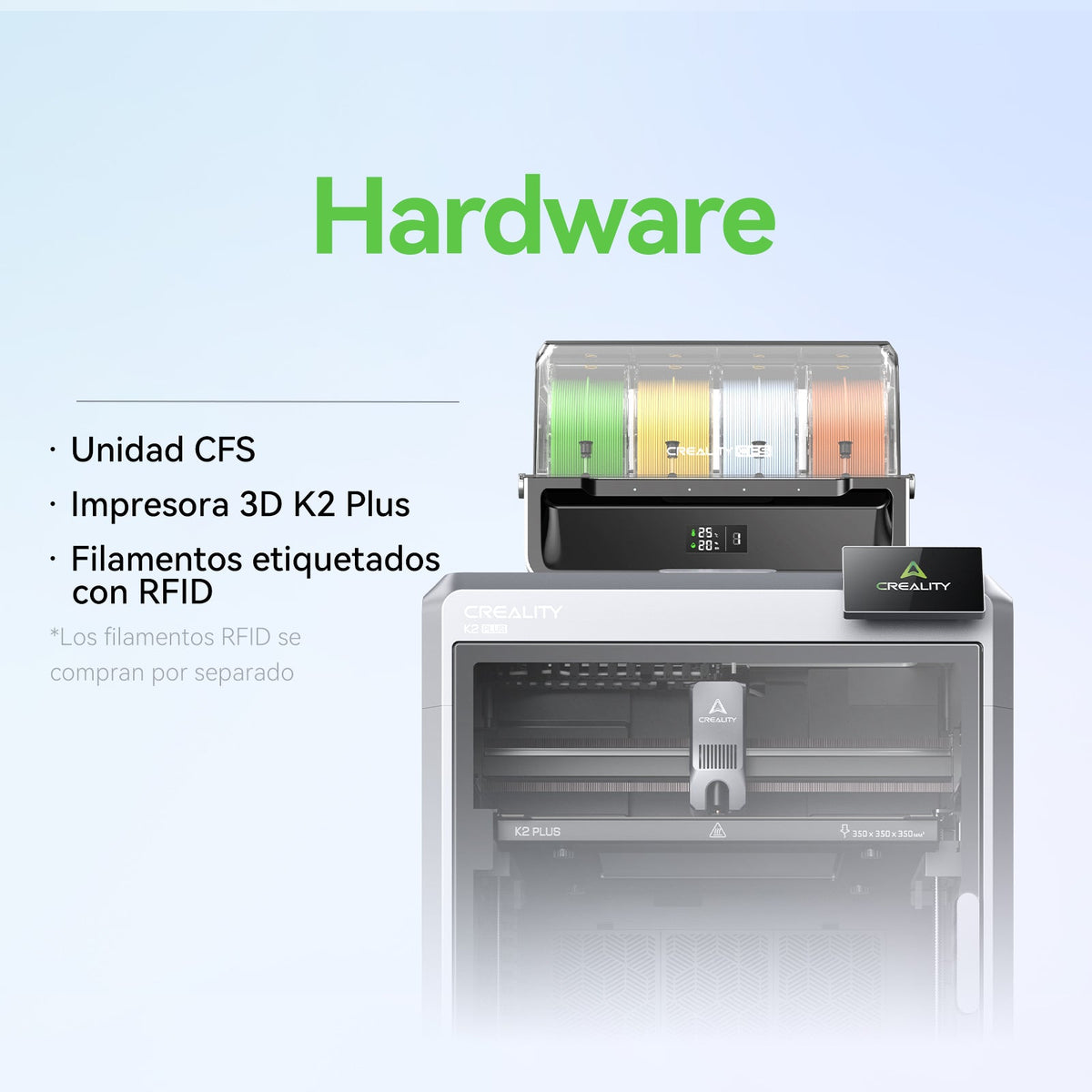 Sistema multicolor de Creality: impresora K2 Plus, unidad CFS y filamentos con RFID