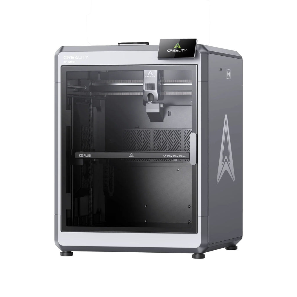 Impresora 3D Creality K2 Plus cerrada, vista de tres cuartos y sin CFS