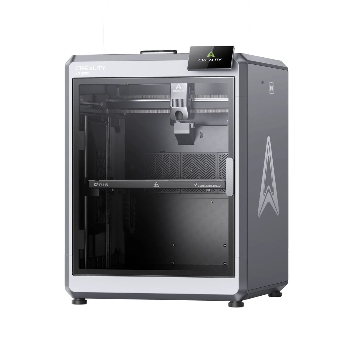 Impresora 3D Creality K2 Plus cerrada, vista de tres cuartos y sin CFS