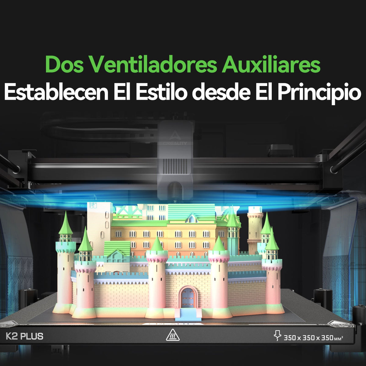 Ventiladores auxiliares de capa dentro de la cámara de la Creality K2 Plus