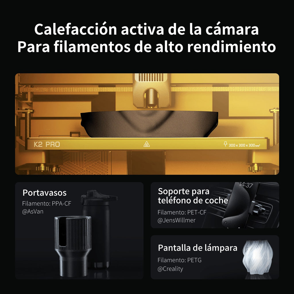 Calefacción activa de la cámara de la K2 Pro para filamentos técnicos