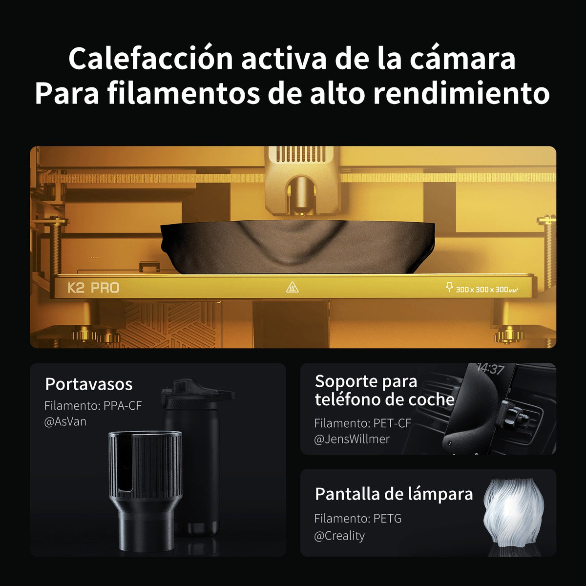 Calefacción activa de la cámara de la K2 Pro para filamentos técnicos