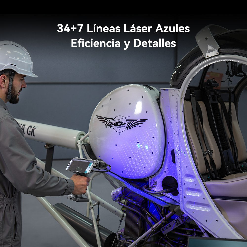 Escáner 3D Creality RaptorX con 34+7 líneas láser azules escaneando una pieza grande