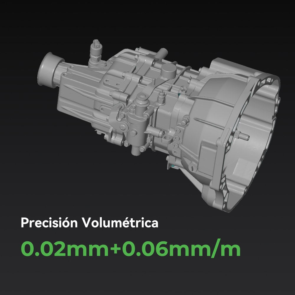 Precisión volumétrica del escáner 3D Creality RaptorX, 0,02 mm + 0,06 mm/m, en una caja de cambios