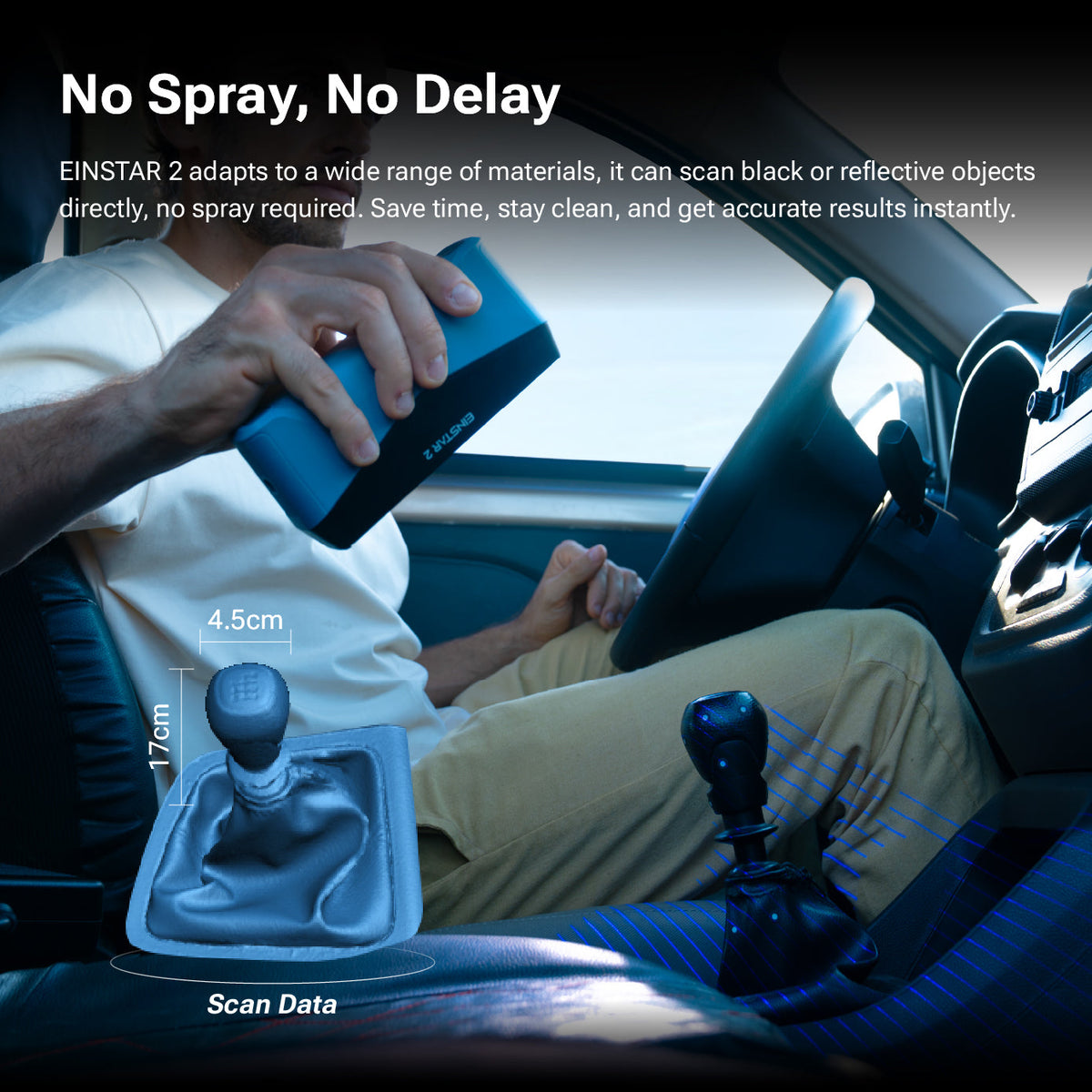 Escaneo del pomo de cambio de un coche con el escáner 3D SHINING 3D Einstar 2 sin spray