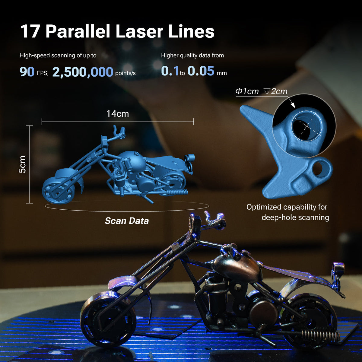 Escáner 3D SHINING 3D Einstar 2 escaneando una moto en miniatura con 17 líneas láser azules