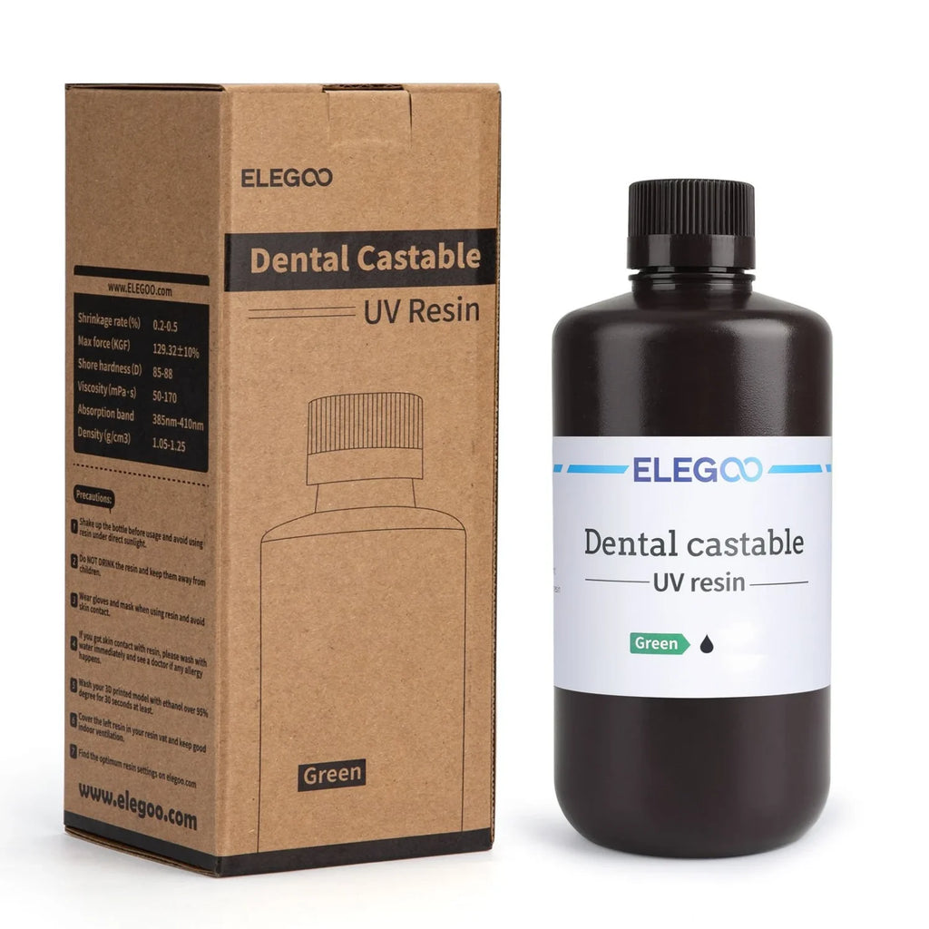 Caja y bote de 1 kg de resina calcinable ELEGOO Dental Castable verde