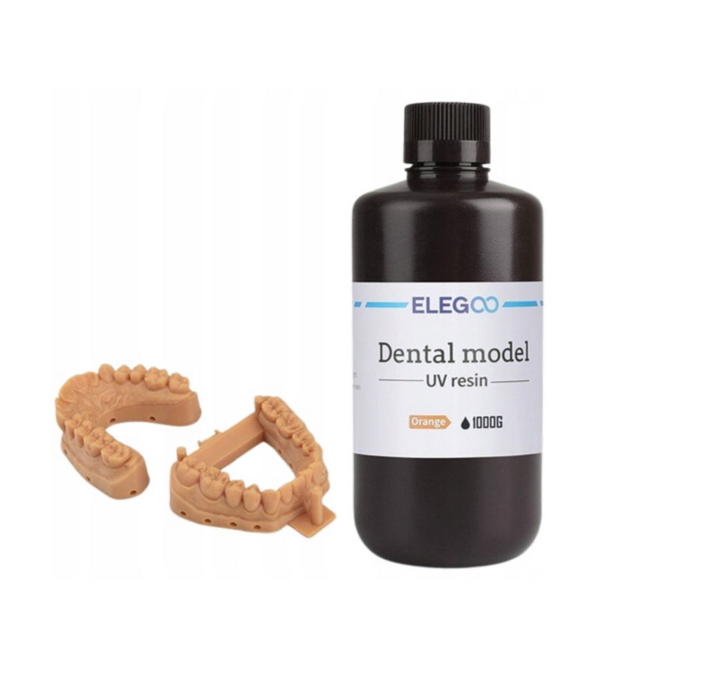 Bote de ELEGOO Dental Model junto a dos modelos de arcada dental impresos en naranja