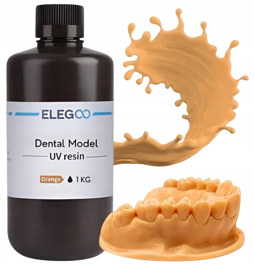 Resina ELEGOO Dental Model naranja y modelo dental impreso con detalle de la anatomía