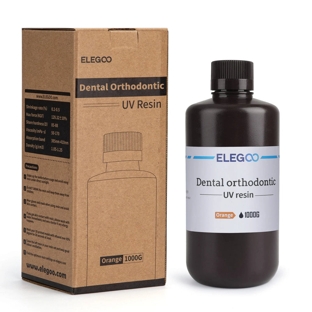 Caja y bote de 1 kg de resina para ortodoncia ELEGOO Dental Orthodontic naranja