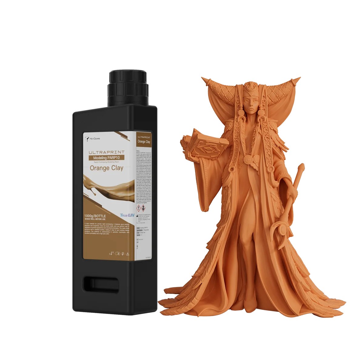 Figura con mucho detalle impresa en resina HeyGears PARP10 Orange Clay junto a la botella