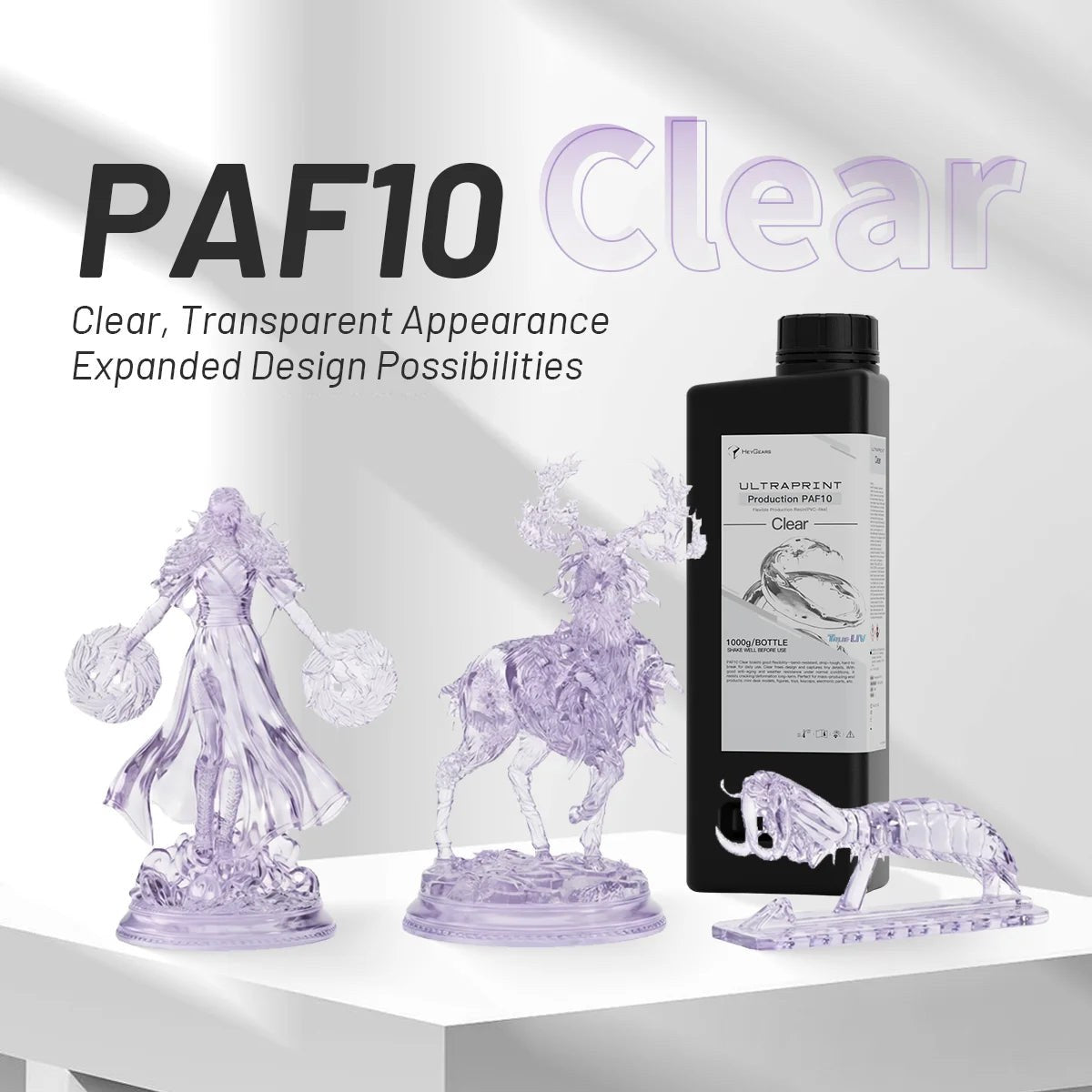 Figuras transparentes impresas con resina HeyGears PAF10 Clear