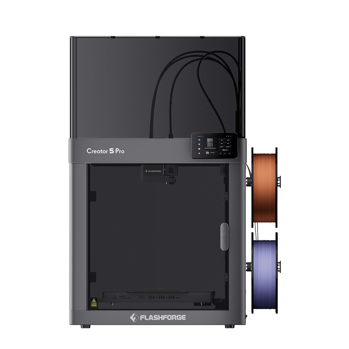 Flashforge Creator 5 Pro con bobinas de filamento montadas en el lateral derecho