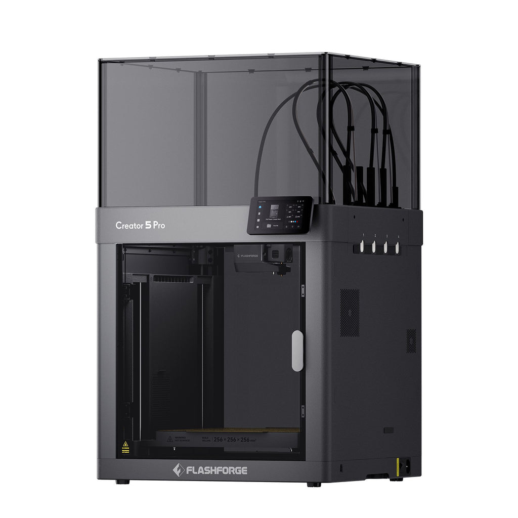 Flashforge Creator 5 Pro en vista frontal con la tapa superior y los extrusores en su soporte