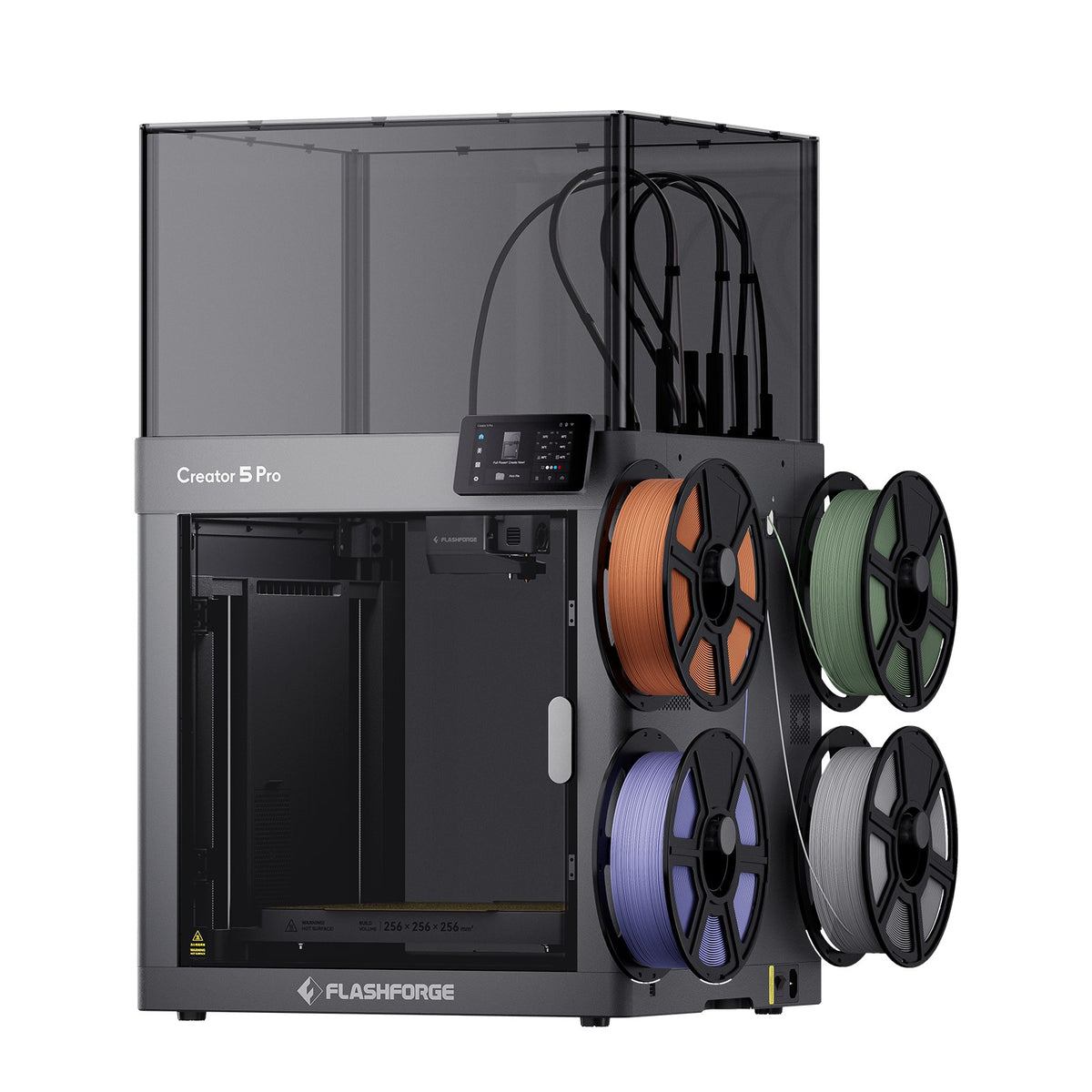 Flashforge Creator 5 Pro, impresora 3D cerrada con 4 cabezales y cuatro bobinas en el lateral