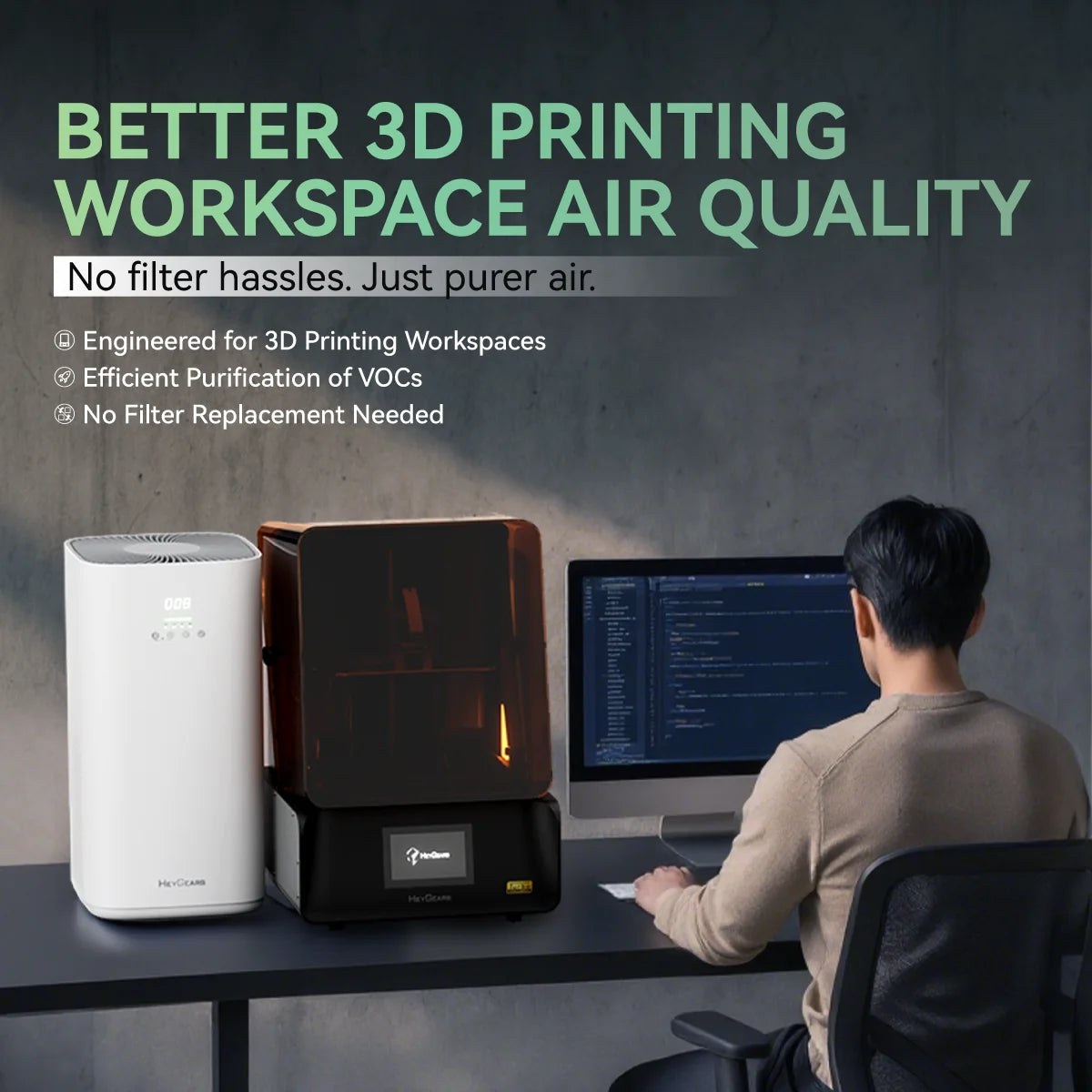 GreenPrint purificando el aire de un puesto de trabajo con impresora 3D de resina