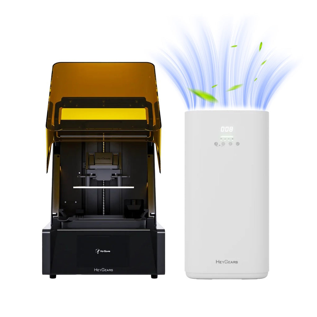 Purificador GreenPrint junto a una impresora de resina HeyGears Reflex