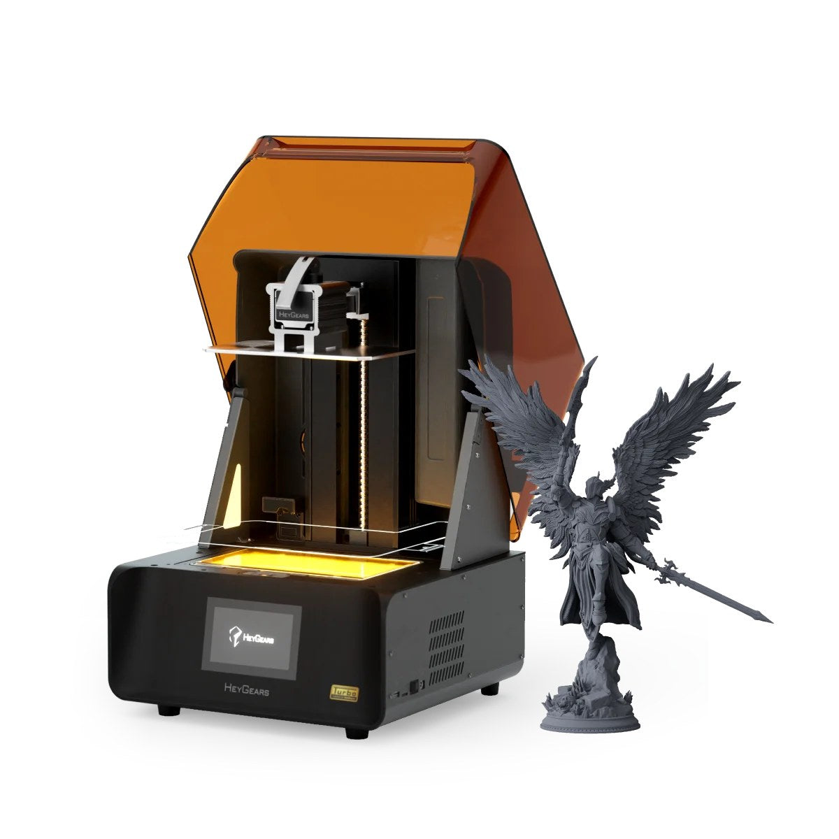 HeyGears Reflex RS Turbo impresora 3D de resina 8K junto a una figura de ángel impresa
