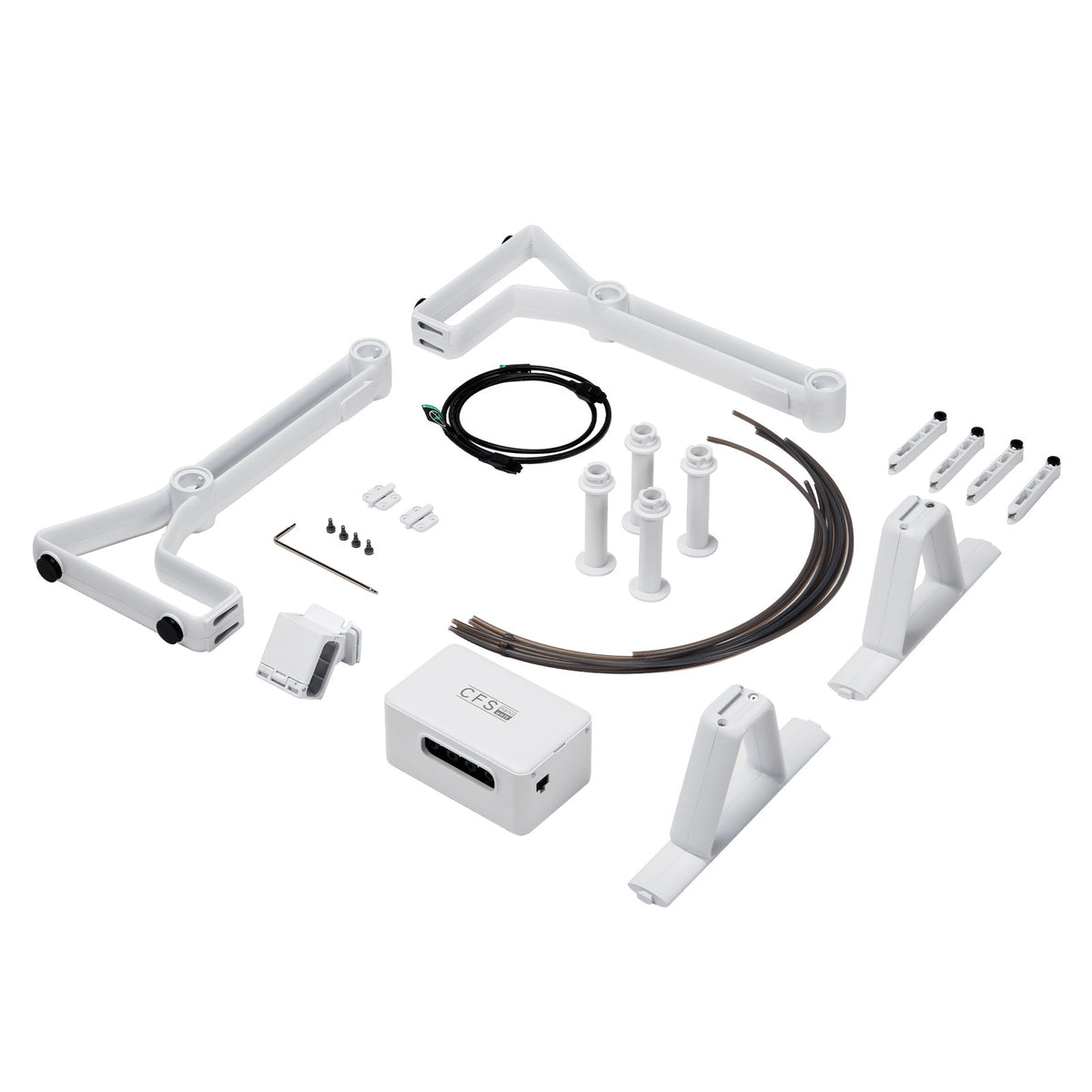 Piezas del kit CFS Nano: módulo, soporte, portabobinas, rodillos y tubos PTFE