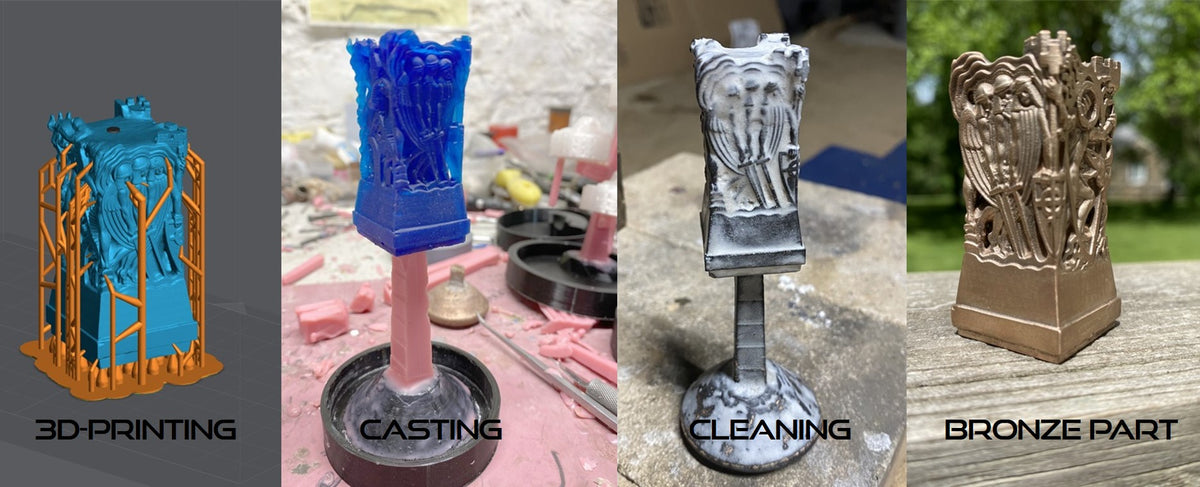 Proceso con Liqcreate Wax Castable: impresión, colado, limpieza y pieza final en bronce